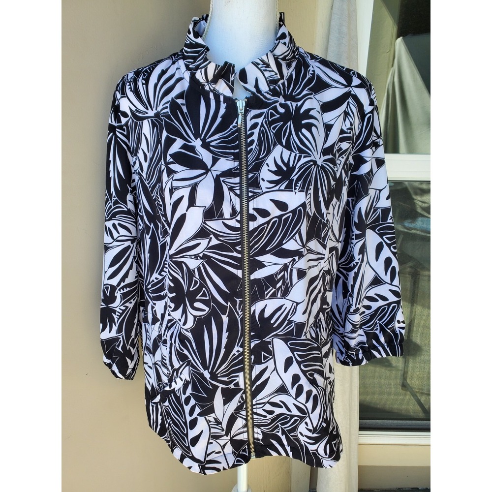 Chicos 2 Zenergy Jacket‎ Women Large Black White Adjustable Tropical Floral Boho
